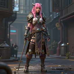 full body character, pink hair female viking shaman, cyberpunk intricate streetwear, dystopian, trending on artstation, beautiful, intricate complexity, digital painting, anime, disney, pixar, 8 k, hd, dof, kodak film, volumetric lighting, subsurface scattering, photorealistic, octane render, extreme details