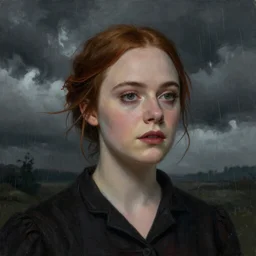 Elle Fanning in the style of Charles Addams, head and shoulders portrait, stormy weather, extremely detailed masterpiece,