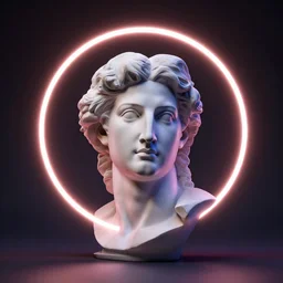 a neon ring encircles a renaissance statue head, 3 d render