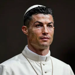 cristiano ronaldo as pope, accurate, 30mm, face, low contrast, soft colours, dramatic lighting, nikon