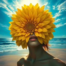 closeup girl with huge yellow dahlia flower face, on the beach, surreal photography, blue sky, sunrise, dramatic light, impressionist painting, digital painting, artstation, simon stalenhag