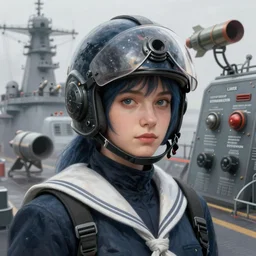 portrait of bluepunk redpunk navy girl, helmet, warship board, missile, fog, highly detailed, digital painting, face detail, sharp focus, art, illustrations by loish and ayanamikodon and irakli nadar and rossdraws and wlop