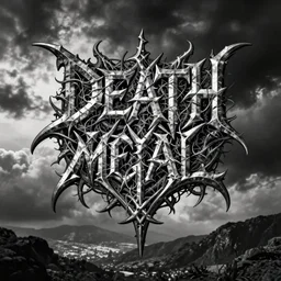 death metal band logo, metal font, unreadable, complex, complicated, intertwined, branching, black and white