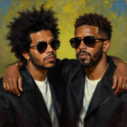the weeknd and drake wearing sunglasses by giuseppe arcimboldo, brown skin, classical painting, digital painting, romantic, vivid color, oil painting