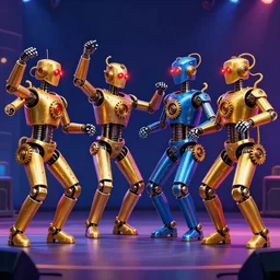 scene from the voice of america, on stage are 4 golden and blue metal humanoid steampunk robots dancing wild, robots are wearing golden gears and tubes, eyes are glowing red lightbulbs, shiny crisp finish, 3 d render, 8 k, insaneley detailed, fluorescent colors, nightlight