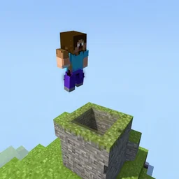 an assassin jumps from a high tower in minecraft, top view