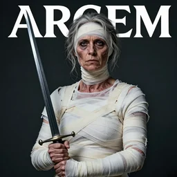 portrait of a middle-aged woman with greyish, tough skin, dressed in bandages, holding a rapier, cover by Artgerm,