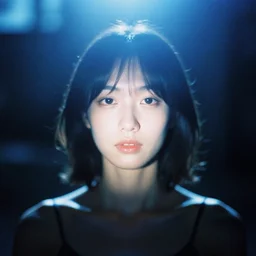 analog head and shoulder fine art portrait photography of a woman by maxim nikolaev. blue strong bright back light. dark mood. filmic. dreamy. lens flare. mamiya 7 ii, f / 1. 2, symmetrical balance, in - frame