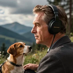 Richard Nixon listening to music with headphones, from the perspective of his dog