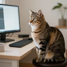 a cat sitting on a stool using a computer, photograph, highly detailed
