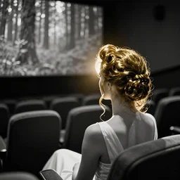 cinestill 5 0 d black and white double exposure of a backlit woman and a forest by annie liebovitz, sitting in a dystopian abandoned cinema, eale gold tonal glossy, hair intricate style, wearing white dress, elegant, highly detailed, soft blur, artstation, sharp focus, head in focus,