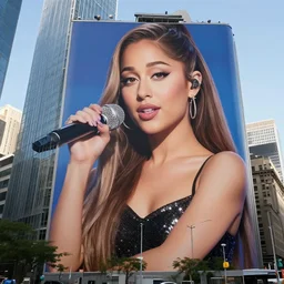 a giant ariana grande in a city,