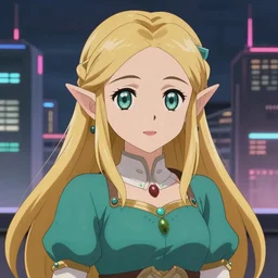 anime fine details portrait of Zelda in front of cyberpunk moder city landscape on the background deep bokeh, close-up view, anime masterpiece by Studio Ghibli. 8k, sharp high quality anime, artstation