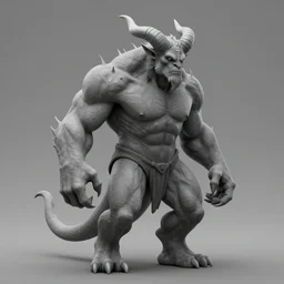 full body, grayscale, 3/4 view, muscled humanoid balrog demon, horns, hoofs, claws, large horned tail, heroic pose,partly covered by flames, fire, stylized, tarot, Gustave Dore, white on black