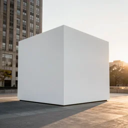 white cube in the middle of new york, wide angle lens, f / 8, golden hour