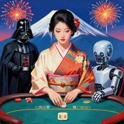 hyperrealistic composition of the detailed woman in a japanese kimono with a ( ( c 3 p 0 ) robot head sitting at a extremely detailed poker table with darth vader, fireworks, mountain fuji on the background, pop - art style, jacky tsai style, andy warhol style, acrylic on canvas