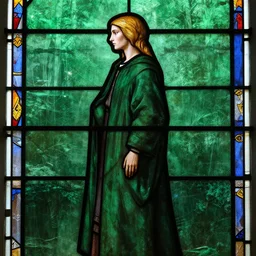 side - view portrait of iorveth, long green coat, tenth century stained glass window, green background, very masterful