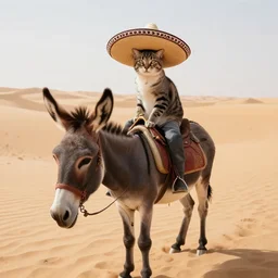 photo of a cat with a sombrero on his head, who is riding on top of a donkey. they're in the middle of the sahara desert
