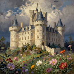 artwork inspired by mary blair, castle, flowers