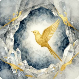 bird spirit in a crystal cave. this watercolor and gold leaf work by the award - winning mangaka has a beautiful composition and intricate details.