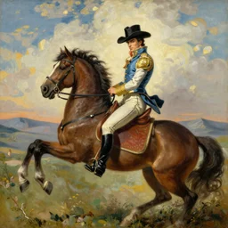 a oil painting of jojo\'s bizarre adventure character giorno giovanna riding a horse, posing like the oil painting Napoleon Crossing the Alps