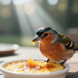 close - up of a creme brulee being eaten by a common chaffinch, sunny vibrant day, godrays coming from above, movie still, cinematic lighting, ray tracing, octane render, long lens, shallow depth of field, bokeh, anamorphic lens flare, 8 k, hyper detailed, 3 5 mm film grain