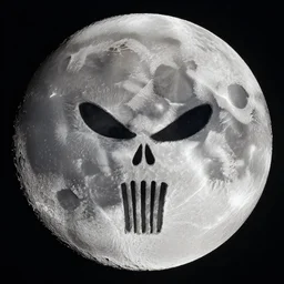 wide angle view of the moon with punisher symbol in the form of a lunar crater