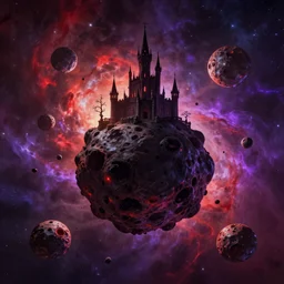 asteroids floating in outer space, a dark gothic castle on top of an asteroid, red and purple nebula, Dan Seagrave art