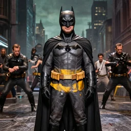 hyper realistic photograph of Batman played by Mr. Bean, 4k, Carl Zeiss, sigma, Tamron so 85mm, stunning gotham city backdrop, gritty, detailed set design, award winning costume design, cinematic, action scenes