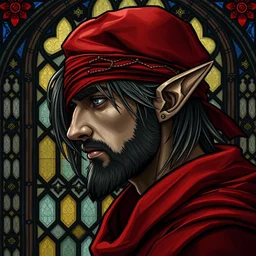 side - view portrait of iorveth, scoia'tael leader, red cap, red bandana covering one eye, hair over eye, pointy elf ear, gothic stained glass window, very masterful