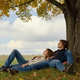 young man and woman with long brown hair, laying under a tree looking at clouds autumn, ( ( ( wearing jeans ) ) ), by stanley artgerm lau, greg rutkowski, thomas kindkade, alphonse mucha, loish, norman rockwell