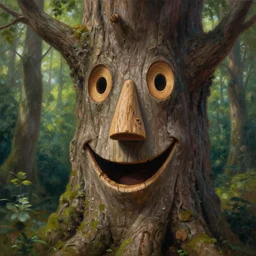 a talking tree, a smiling face in the bark, nose made of wood, mouth in the bark, eyes in the bark, fantasy concept art, fantasy oil painting, hyperrealistic, magical, highly detailed, artstation, cgsociety, in the forest