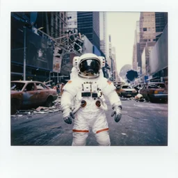 american white spacesuit astronaut with oversized helmet in postapocalyptic abandoned destroyed times square, wrecked buildings, destroyed flipped wrecked cars, giant crater in distance, polaroid photo, vintage, neutral colors, by gregory crewdson