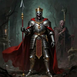 cinematic colorful horror artwork by jean delville, beksinski, bernie wrightson, weta workshop concept art ; ancient knight wearing royal ornamented armor, wielding royal halberd, wearing red cape, full body concept, haunting, brutal scary terrifying, 8 k hdr, creepy intricate ; dramatic lighting, insanely detailed