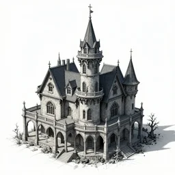 technical drawing of a haunted mansion, hyper realistic, dramatic shadows, gothic