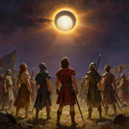 warriors on an ancient battlefield stop and look up as a total solar eclipse fills the sky, 5 0 0 bc. beautiful painting by artgerm and greg rutkowski, dramatic lighting, rich colors.
