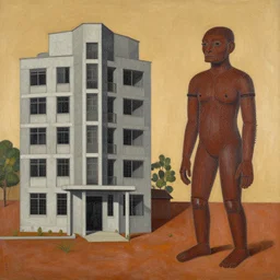 artwork of a building and humanoid individual creature by Albert Namatjira,