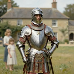 Portrait of a roman solider in full armor posing in front of his familial home, by John Singer Sargent