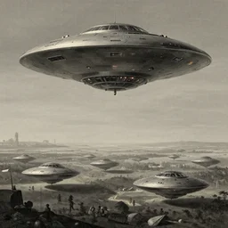 the 300 taking the ufo crafts in a distant world, hyperrealistic digital photo by Justin Gerard, Beeple, Gustave Dore, Artstation, CGsociety