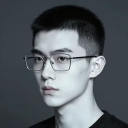a man in his mid twenties with thin square glasses, short skin fade black hair, pale white skin, long head