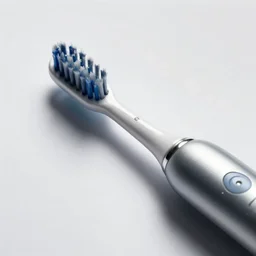 ( electric toothbrush ) designed by apple, studio photo, white backdrop, studio light, solid works, octane render, macro shot, in focus, depth of field, silver, blue, black design