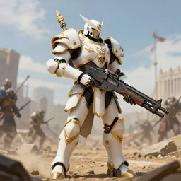Trending on artstation. 4k. Masterpiece. Cybernetic holy warrior on the battlefield holding a large machine gun. White armor trimmed with gold.