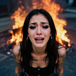 photograph from above of a techwear mixed woman wearing thick mascara and dark glitter makeup crying outside of a city on fire, tattoos, Cinestill 50d, 4k, 8k, hd, full color