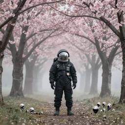 photograph of an astronaut wearing a black suit in the middle of a cherry blossom eden, foggy, atmospheric