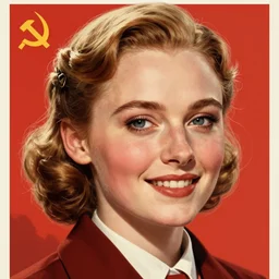 a stunning portrait of sophie turner as a communist, smiling, closeup, soviet propaganda poster, by ross tran, by angel ganev, highly detailed, trending on artstationhq