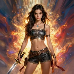 hyper realistic warrior girl with sword in her hand, full body, rule of thirds, human proportion, good anatomy, beautiful face, conceptart, saturated colors, cinematic, vallejo, frazetta, royo, rowena morrill, cinematic
