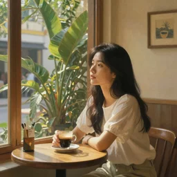 a thin, pretty young Filipino girl with long black hair sits in the window of a cute Cafe with an espresso looking out, golden morning light, cozy, tropical plants, award winning painting by Max Ernst