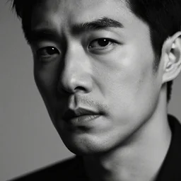 black and white cinematic portrait of a man with a chiseled jaw and a stubble