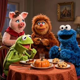 kermit the frog, miss piggy, animal, gonzo and the cookie monster eating thanksgiving dinner in the style of soviet realism