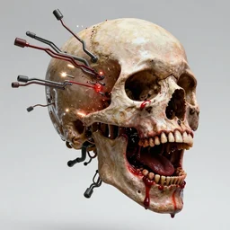 uhd hyperrealistic photorealisitc hyperdetailed detailed tom kenny head exploding, skull exposed, puking blood, screaming, with sparking circuits, studio lighting, by ayami kojima amano karol bak, greg hildebrandt and mark brooks